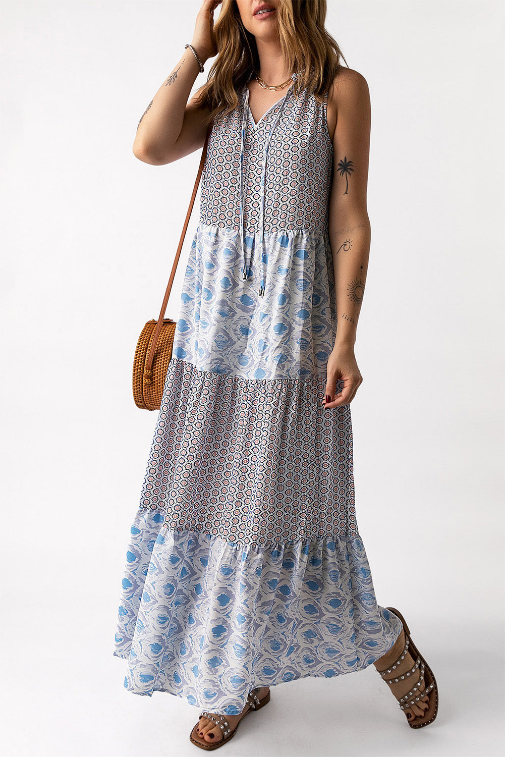 Mixed Print Tie-Neck Sleeveless Maxi Dress - felvior