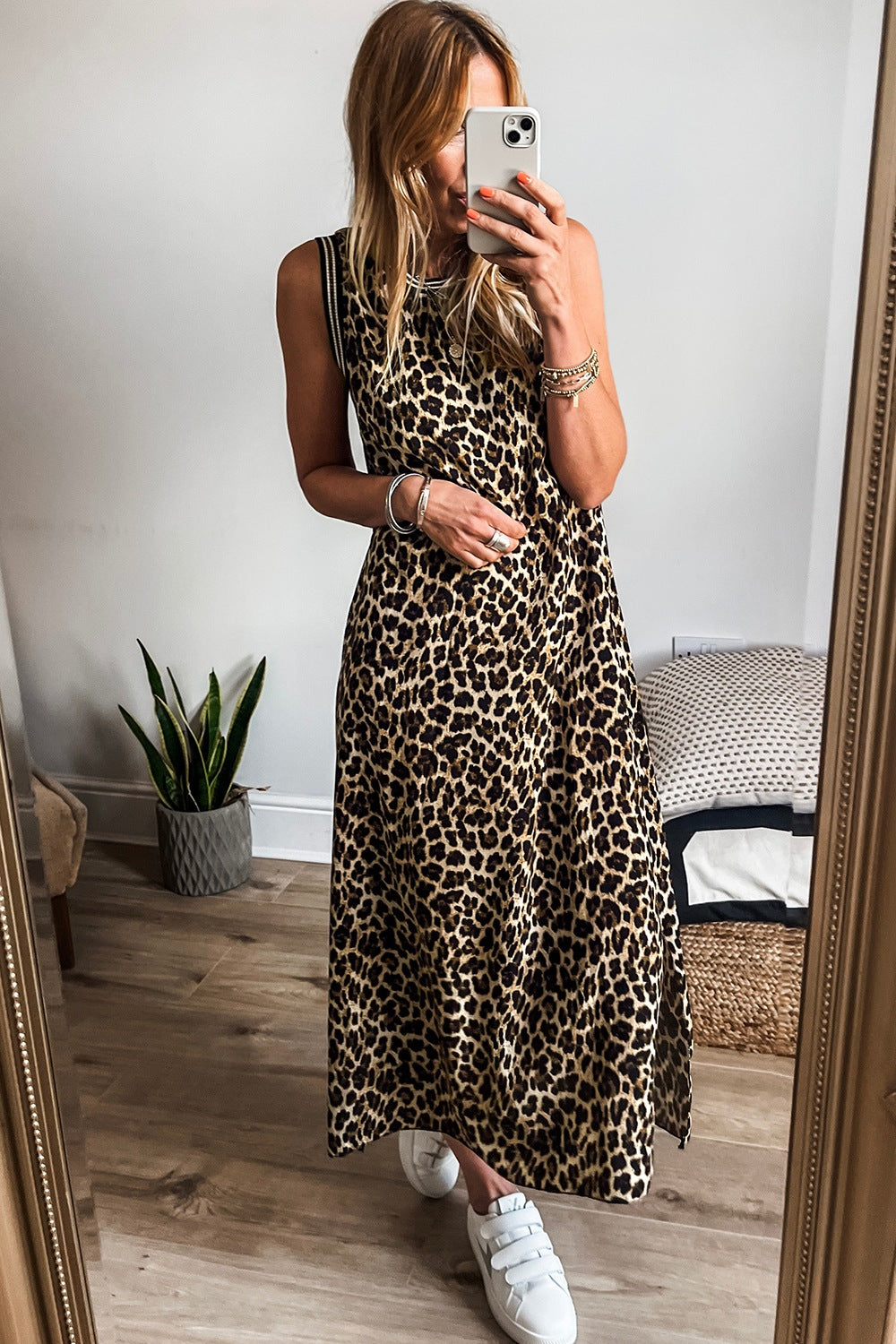 Side Slit Leopard Sleeveless Maxi Dress