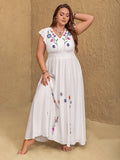 Plus Size Embroidered Floral V-Neck Cap Sleeve Maxi Dress - felvior