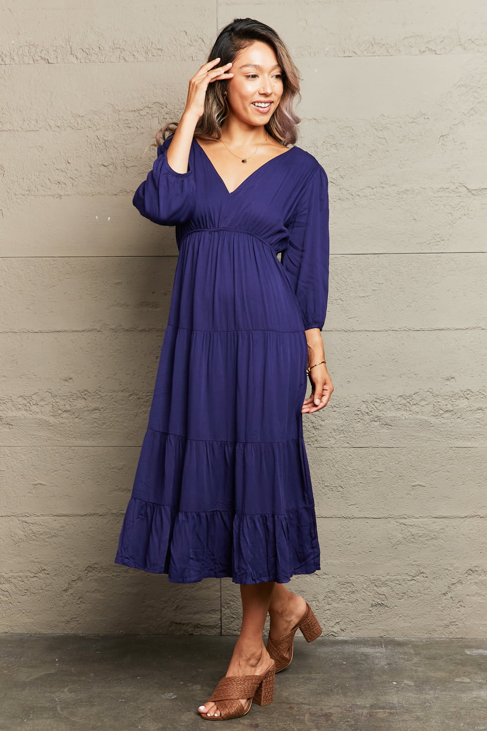 Perfee Tied Backless Tiered Midi Dress - felvior