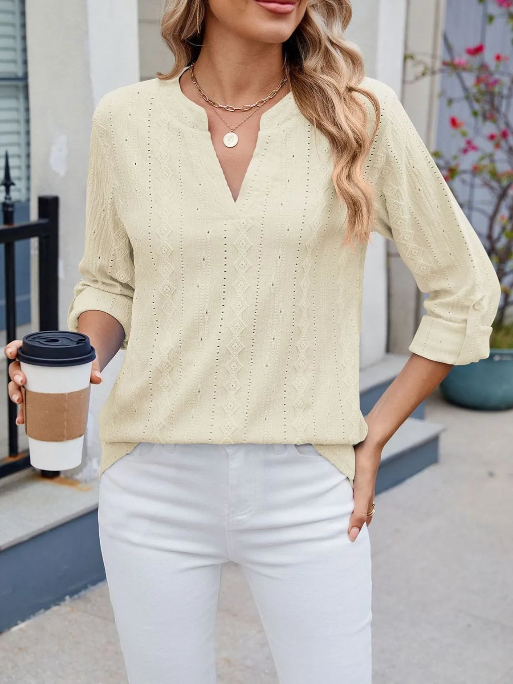 Eyelet Notched Roll-Tab Sleeve Top