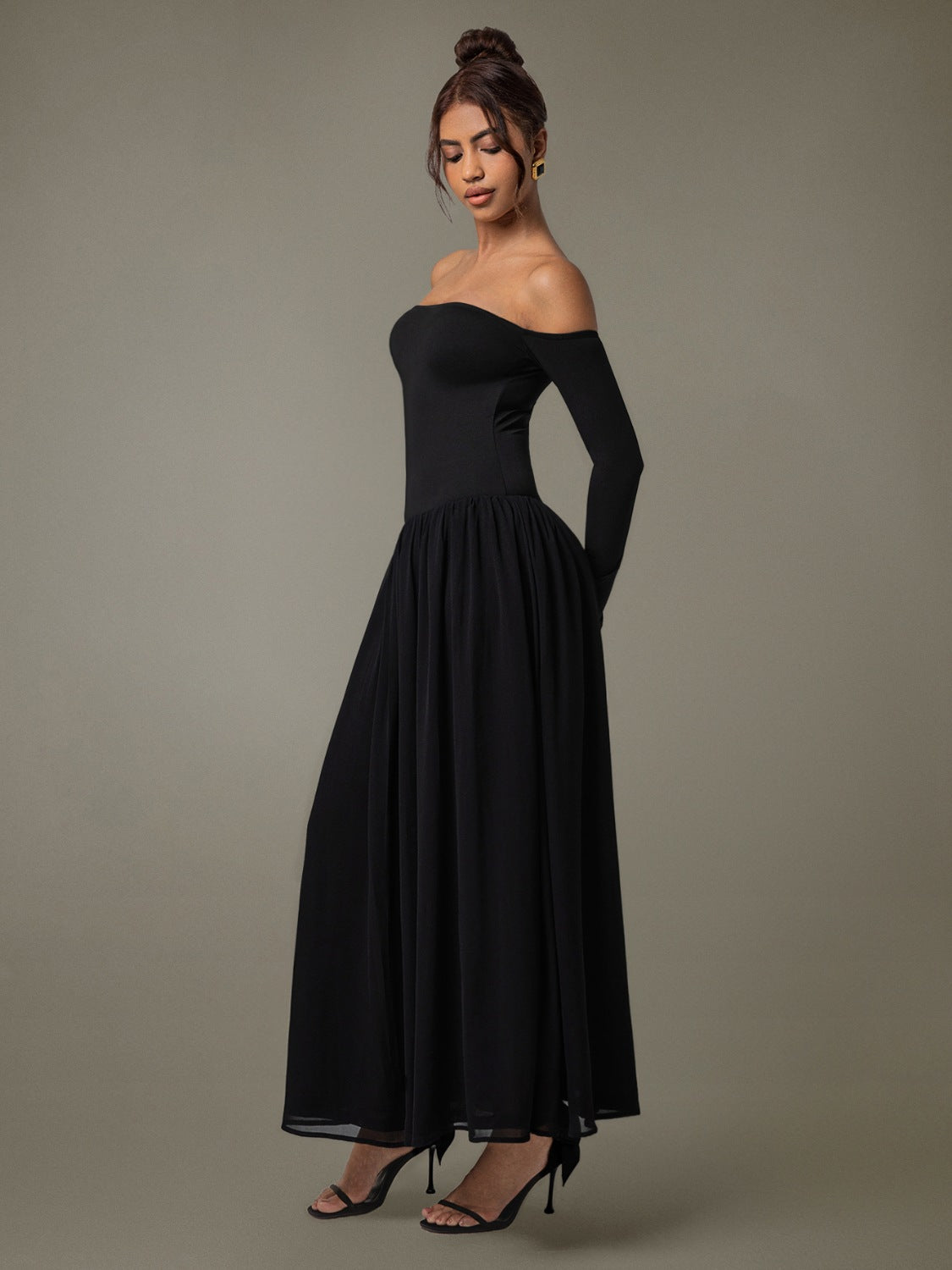 Off Shoulder Long Sleeve Maxi Dress - felvior