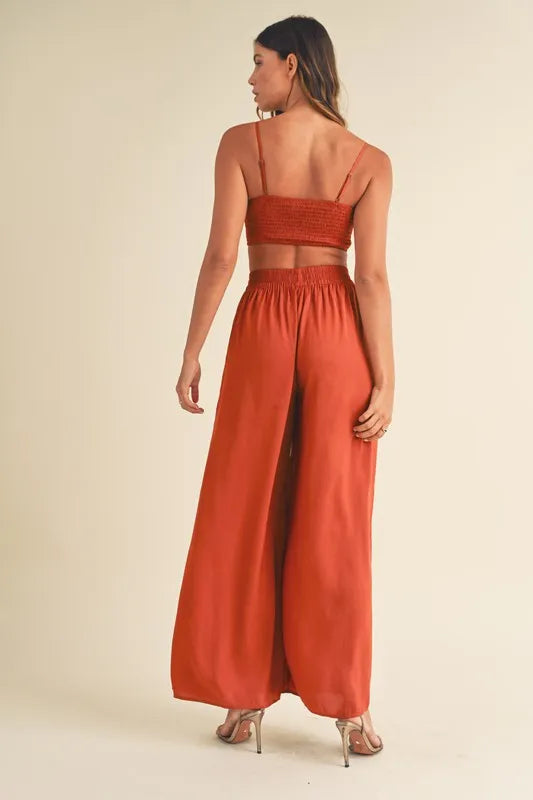 MABLE Smocked Bralette Crop Top and Wide Leg Pants Set - felvior