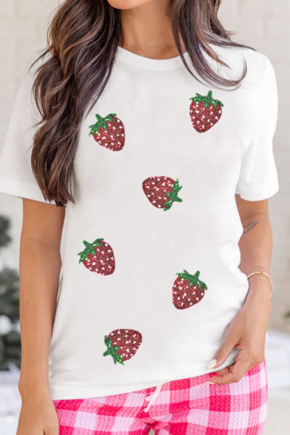 Sequin Strawberry Crew Neck Short Sleeve T Shirt
