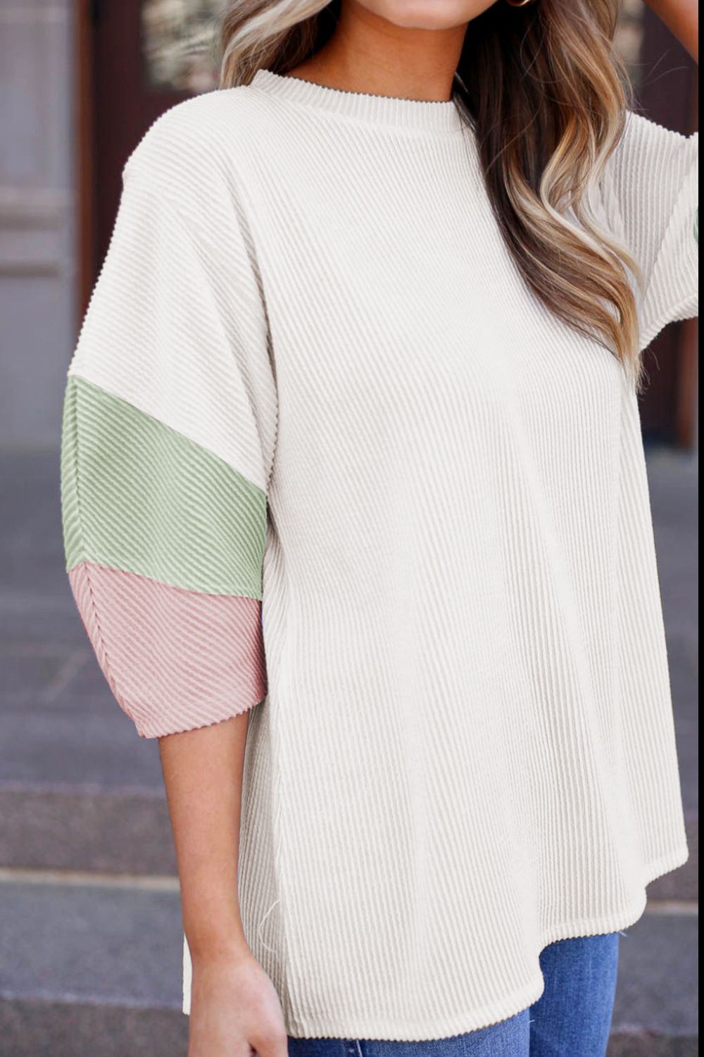 Color Block Ribbed Knit Three-Quarter Sleeve Top - felvior