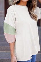 Color Block Ribbed Knit Three-Quarter Sleeve Top