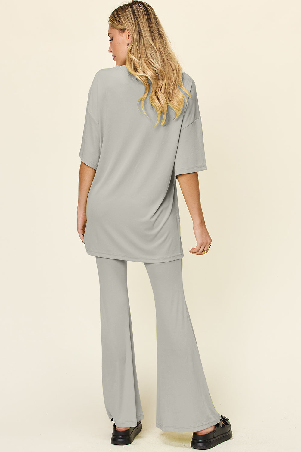 Double Take Full Size Round Neck Drop Shoulder T-Shirt and Flare Pants Set - felvior