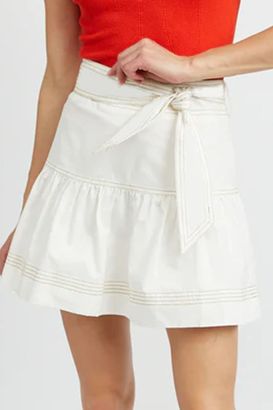 Contrast Stitching Trim Knotted High Waist A-Line Mini Skirt - felvior