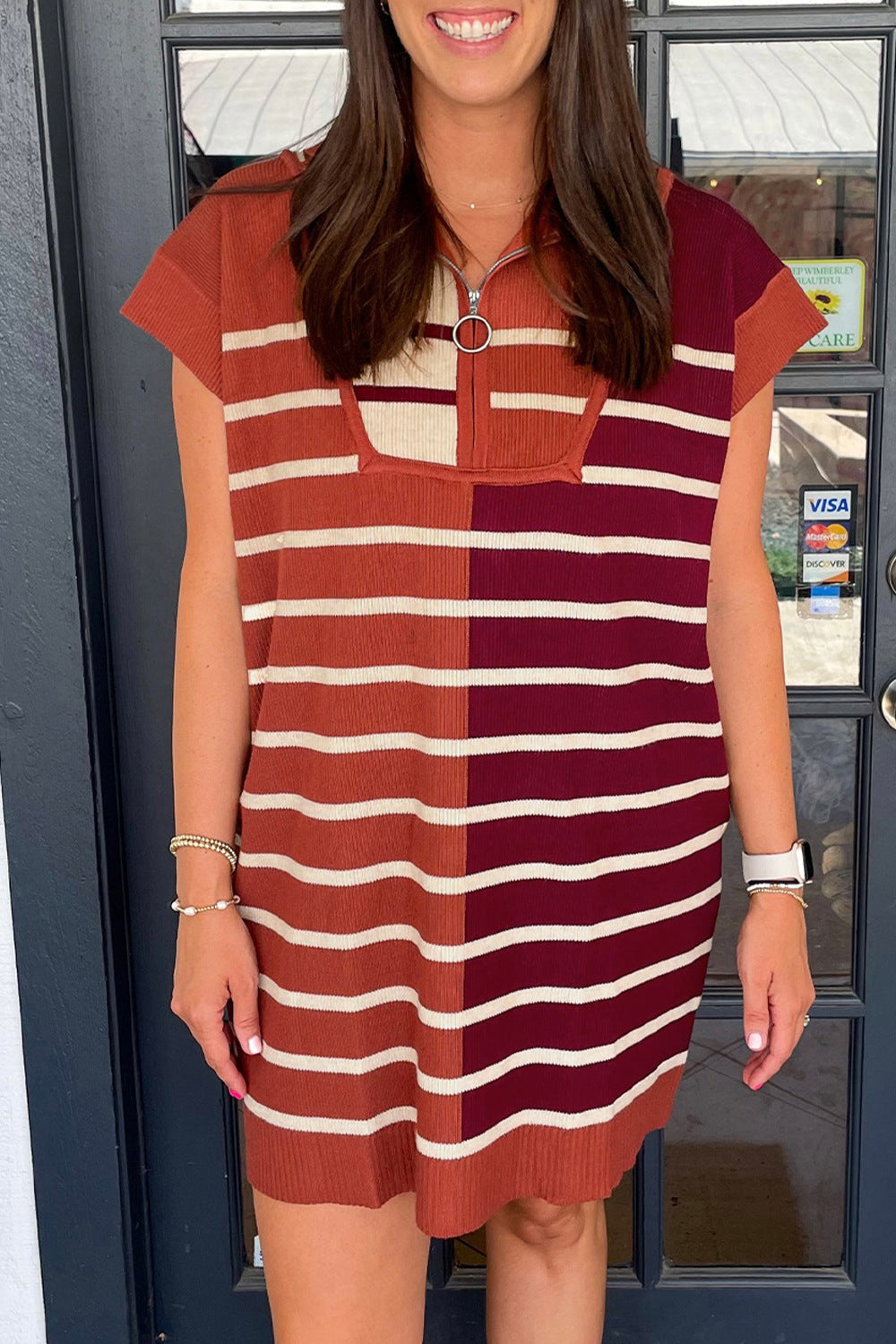 Striped Quarter Zip Cap Sleeve Sweater Dress - felvior