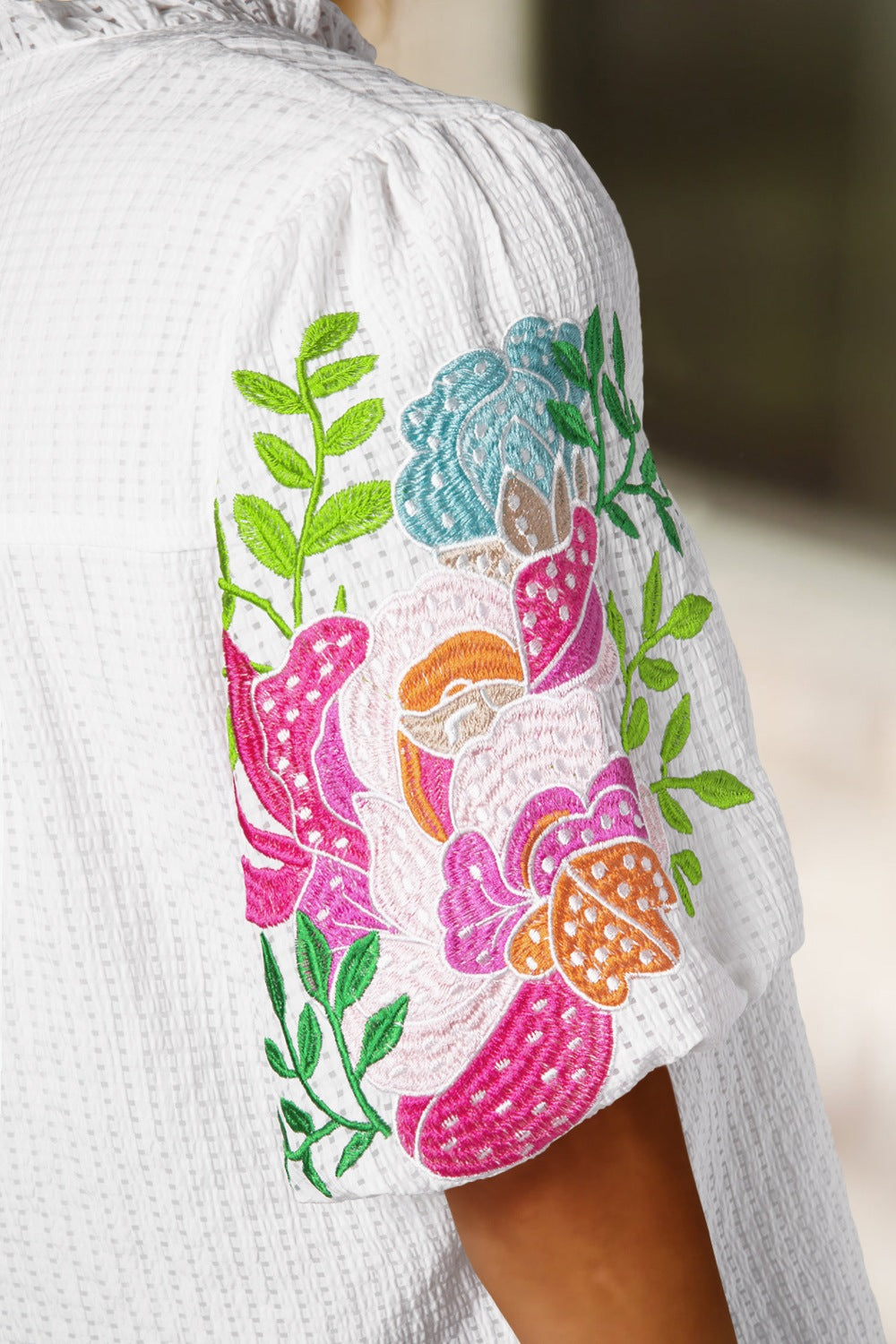 Floral Embroidered Puff Sleeve Notched Blouse - felvior