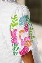 Floral Embroidered Puff Sleeve Notched Blouse