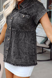 Short Sleeve Flap Pocket Button Up Raw Hem Denim Shirt - felvior