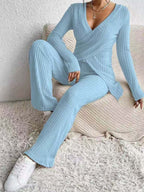 Surplice Long Sleeve Top and Pants Set