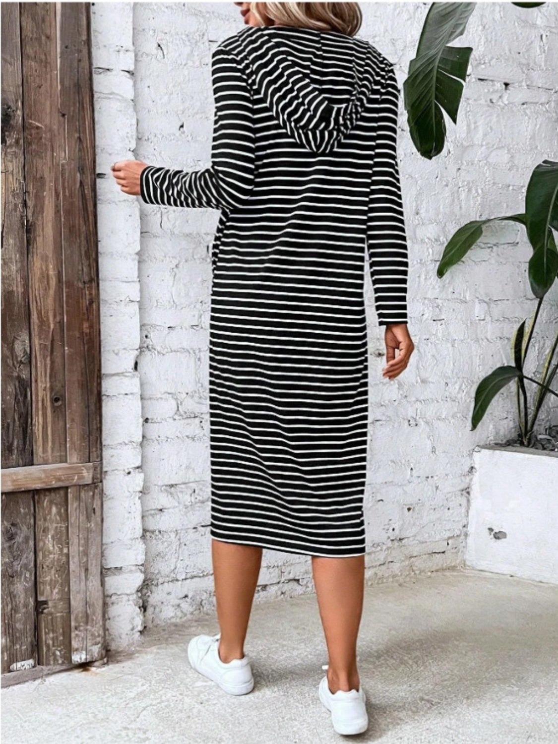 Striped Zip Front Hooded Dress - felvior