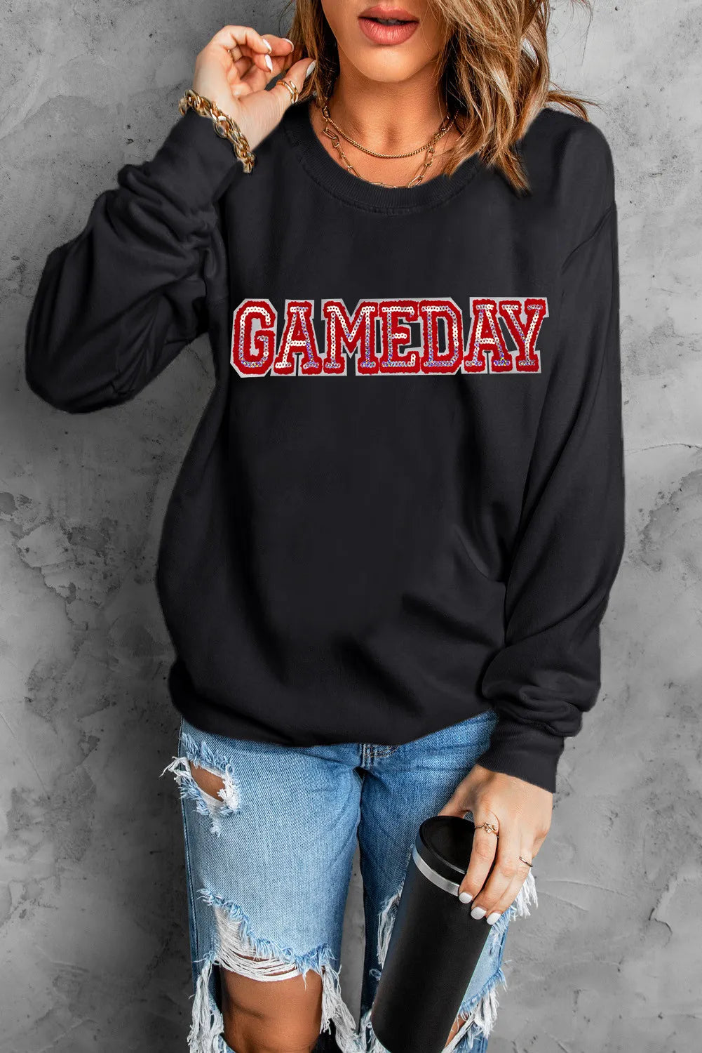 GAME DAY Round Neck Long Sleeve Sweatshirt - felvior