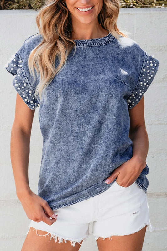 Pearl Trim Round Neck Cap Sleeve Denim Top - felvior