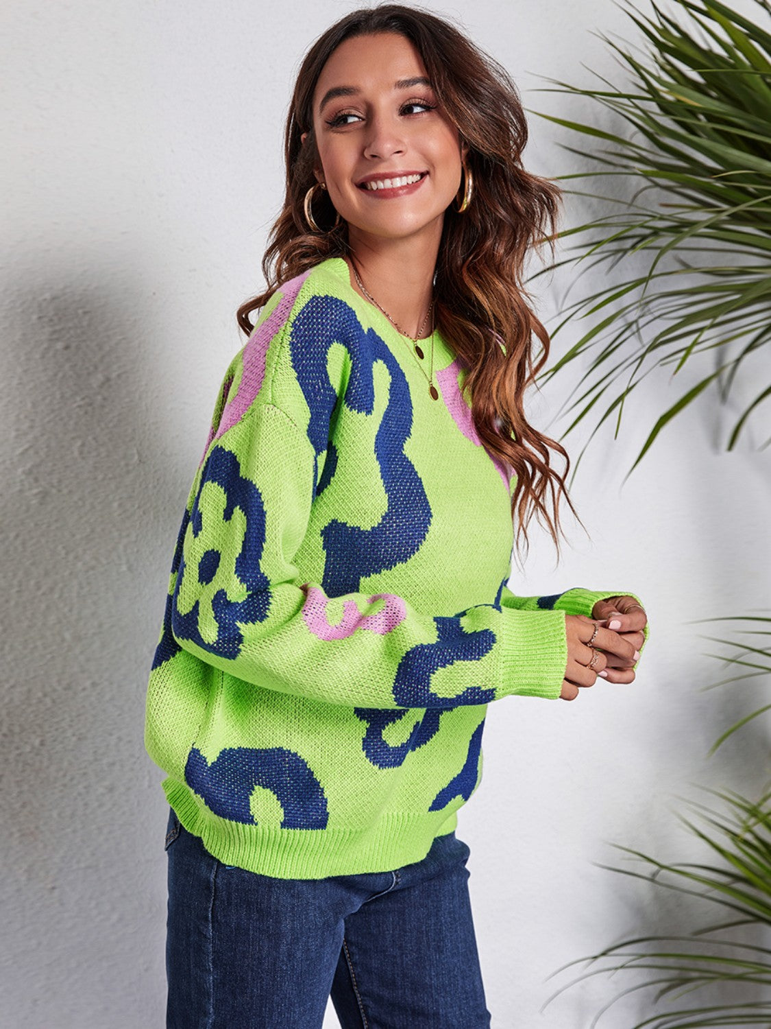 Flower Pattern Round Neck Long Sleeve Sweater - felvior
