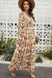 Floral Frill Trim Flounce Sleeve Plunge Maxi Dress - felvior