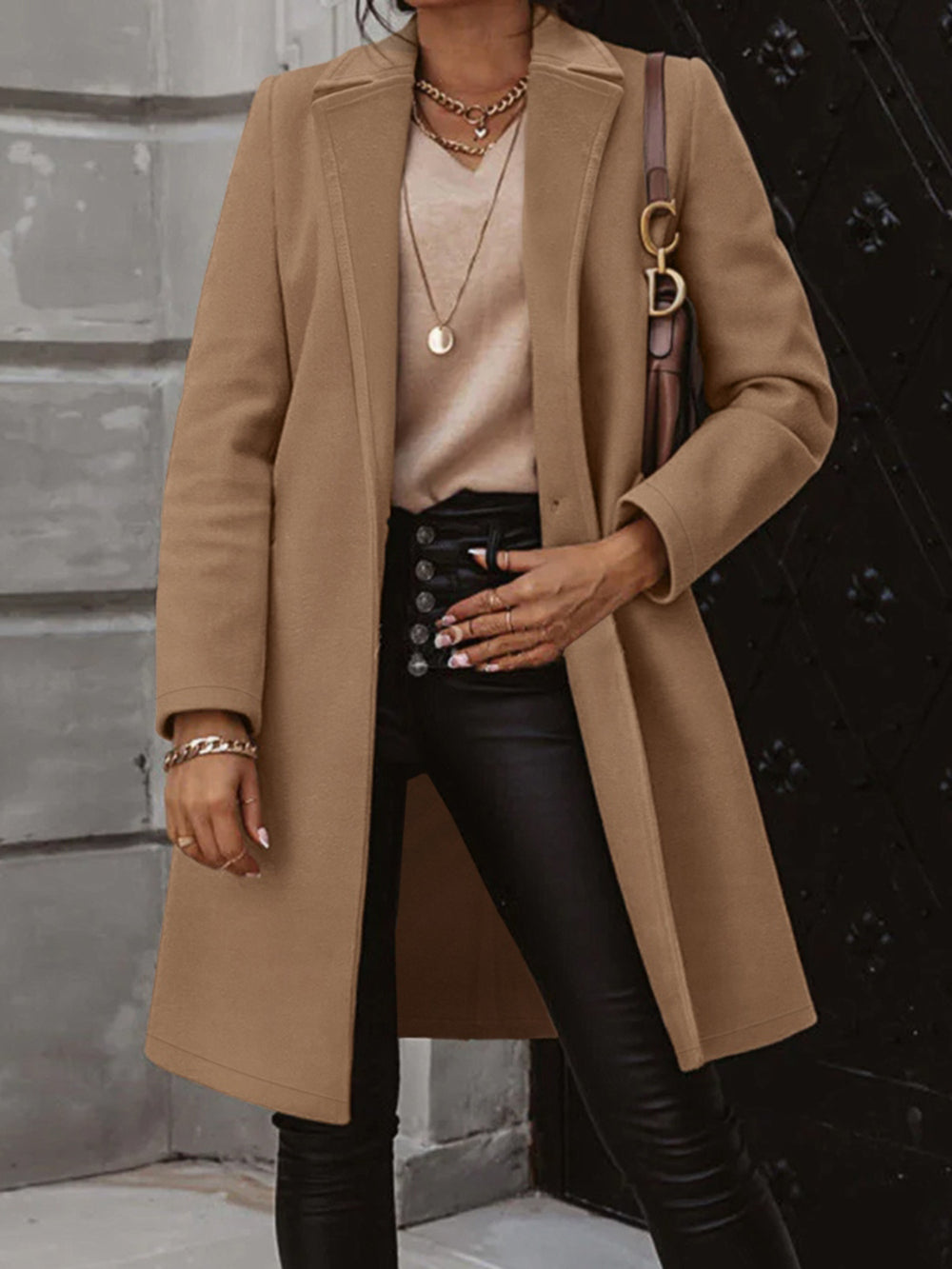 Collared Neck Button Up Long Sleeve Coat - felvior