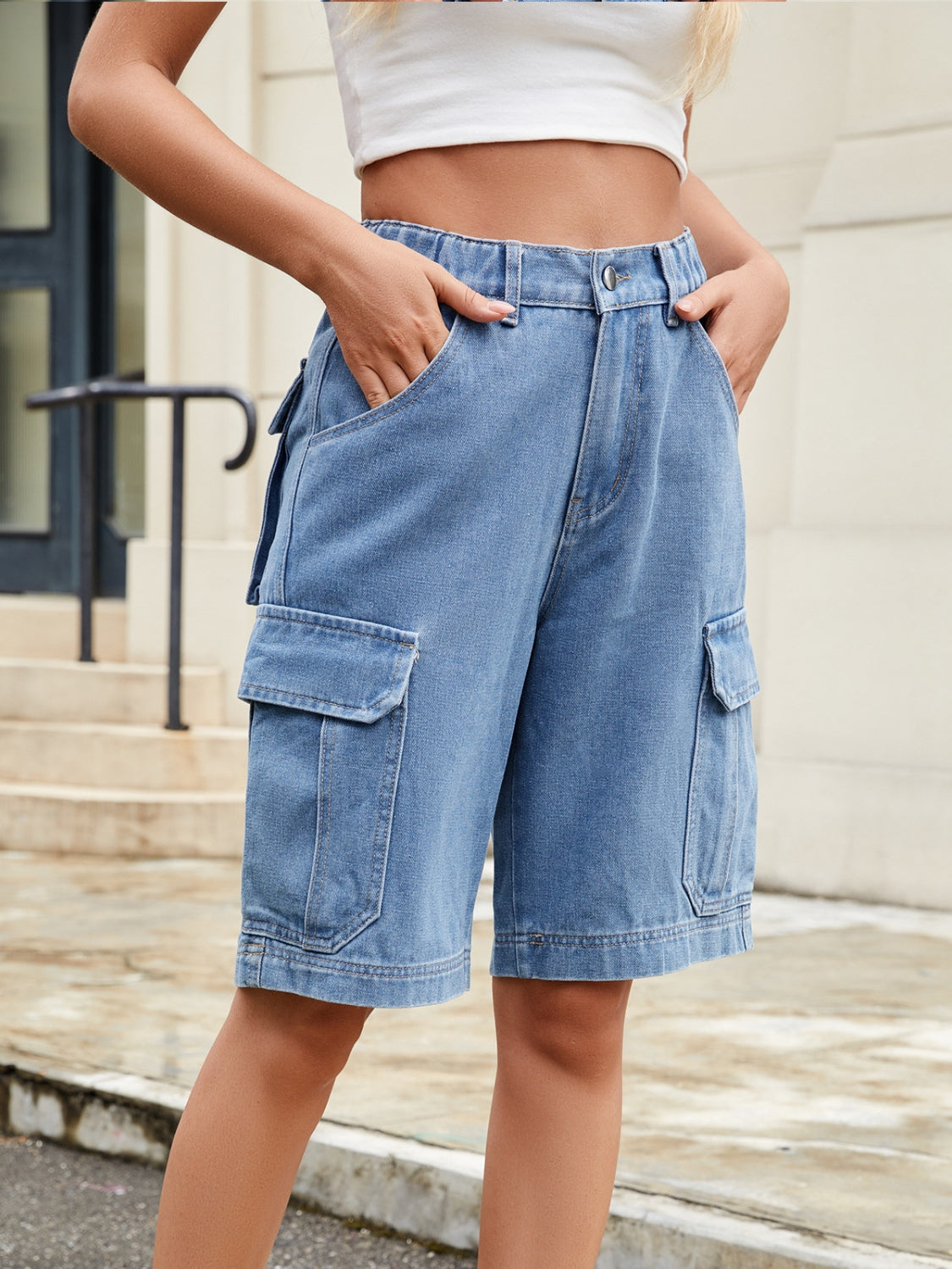 High Waist Denim Shorts with Pockets - felvior