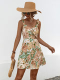 Printed Ruffled Surplice Wide Strap Mini Dress - felvior