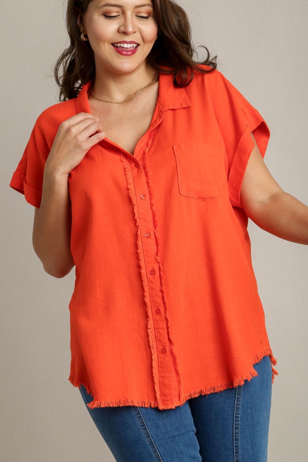 Umgee Full Size Linen Blend Button Down Short Folded Sleeve Shirt Plus Size - felvior