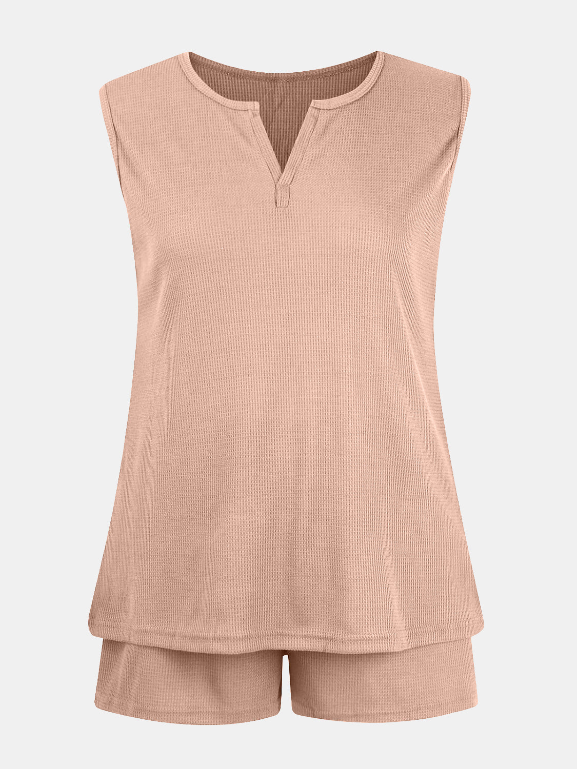 Full Size Waffle-Knit Notched Top and Shorts Set - felvior