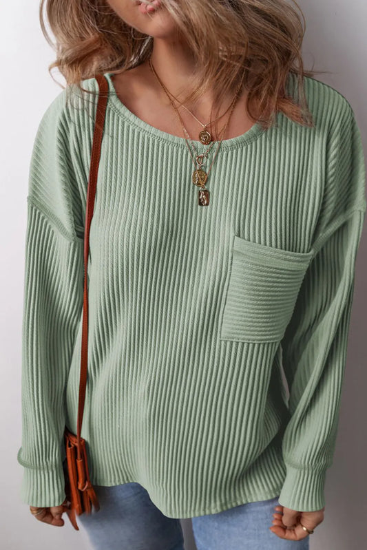 Plus Size Pocketed Ribbed Round Neck Long Sleeve Top - felvior