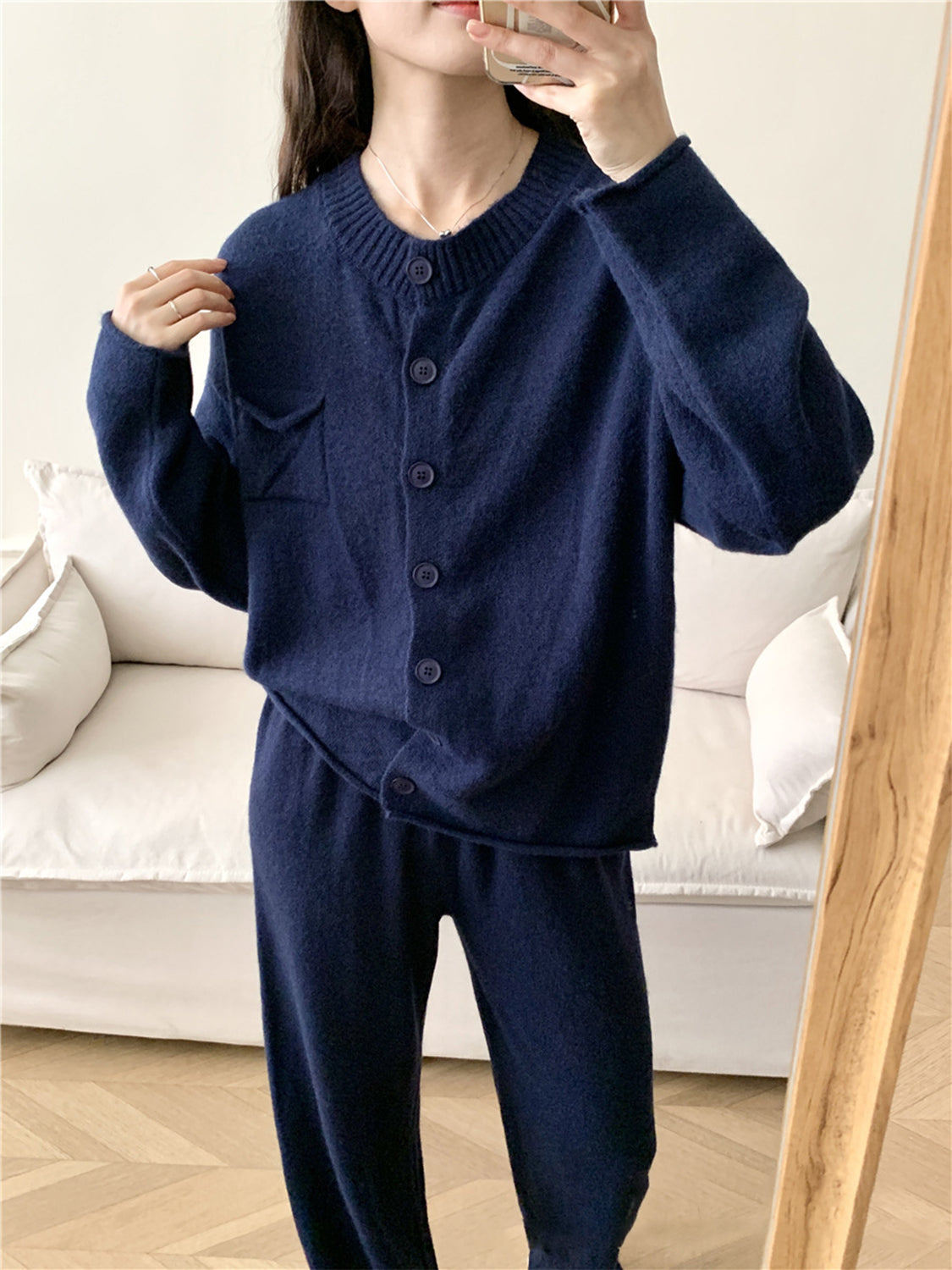 Pocketed Round Neck Button Up Cardigan and Pants Sweater Set - felvior