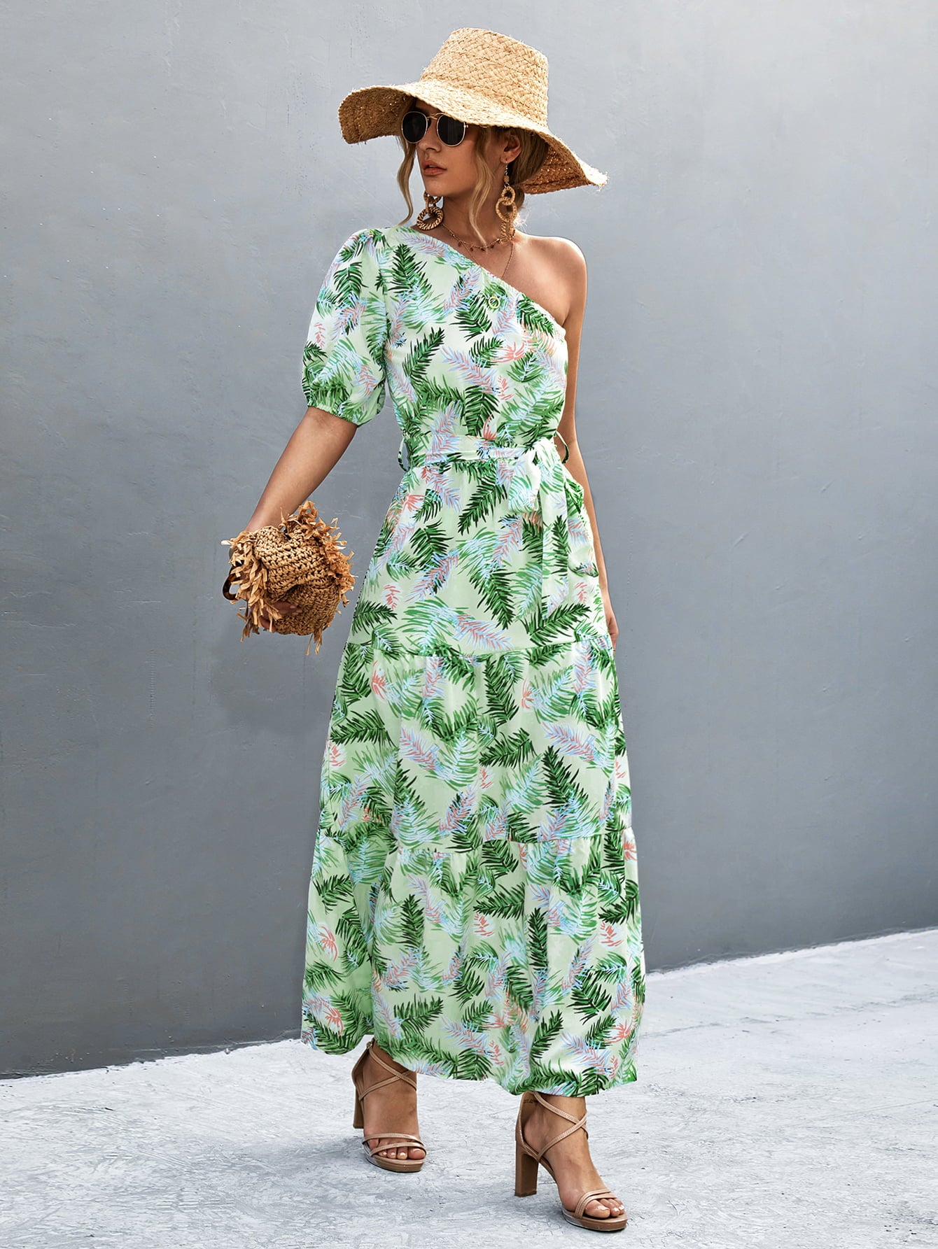 Printed Tie Waist One Shoulder Maxi Dress - felvior