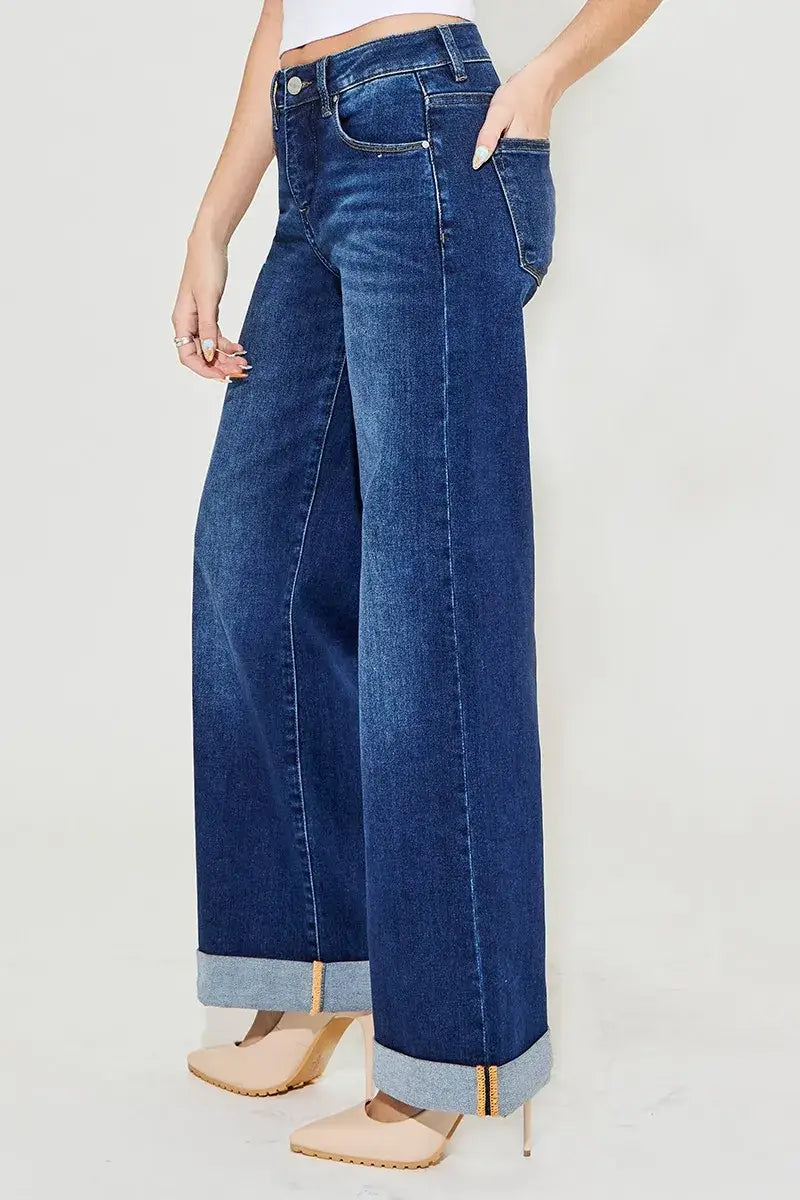 RISEN Full Size Tummy Control High Rise Wide Leg Cuffed Jeans Plus Size