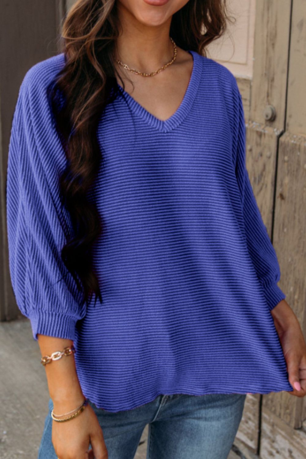 Texture V-Neck Long Sleeve Top - felvior