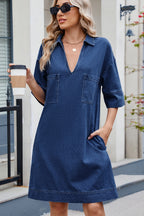 Johnny Collar Half Sleeve Denim Dress