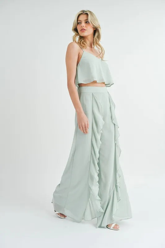 MABLE Crop Cami and Ruffled Wide Leg Pants Set - felvior