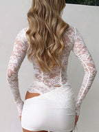 Devine Tied Front Ruffled Long Sleeve Lace Shirt