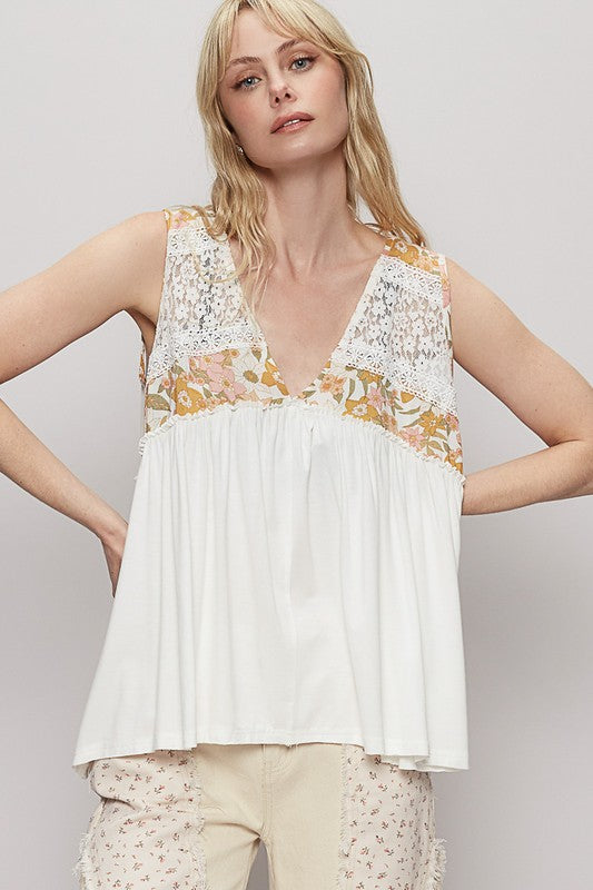 POL Lace Detail Frill Floral V-Neck Sleeveless Top - felvior