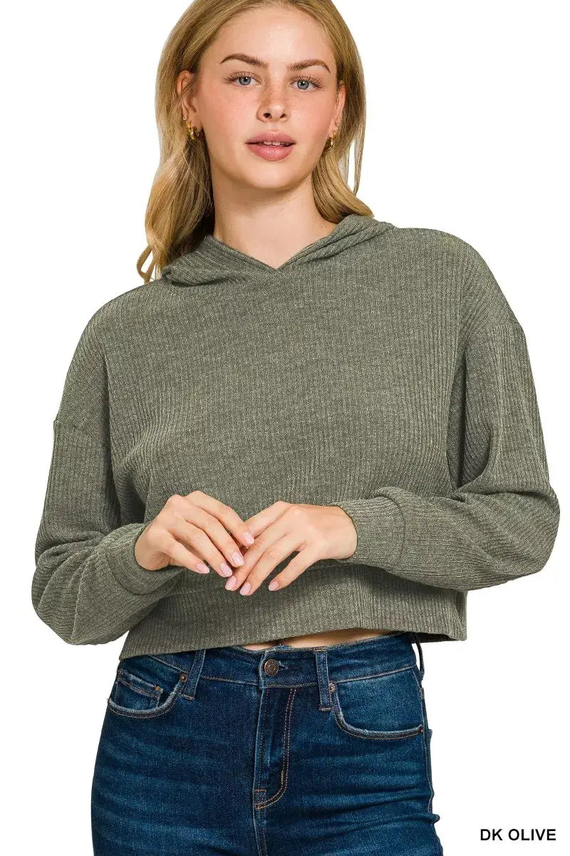Zenana Drop Shoulder Ribbed Crop Hoodie