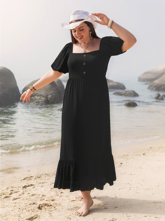 Plus Size Ruffled Hem Square Neck Short Sleeve Dress - felvior