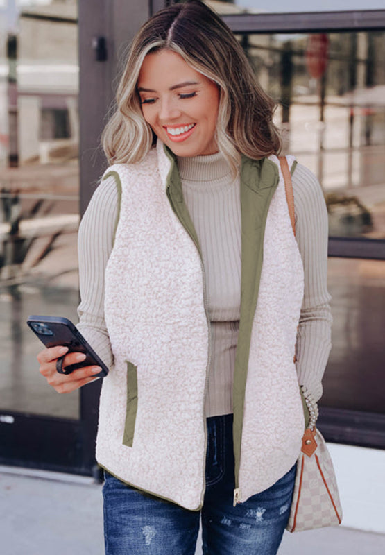 Fuzzy Zip Up Vest Coat with Pockets - felvior