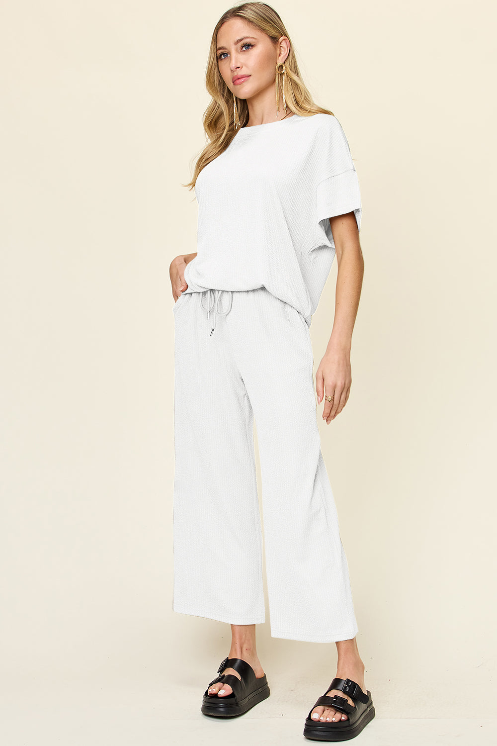 Double Take Full Size Texture Round Neck Short Sleeve T-Shirt and Wide Leg Pants - felvior