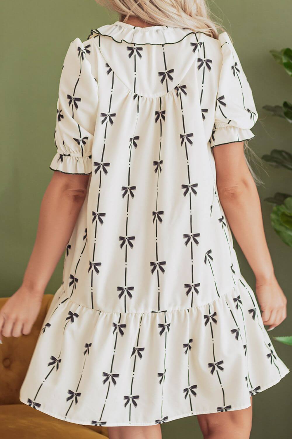 Frill Bow Print Notched Short Sleeve Mini Dress