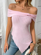 Ribbed Off-Shoulder Asymmetrical Hem T-Shirt