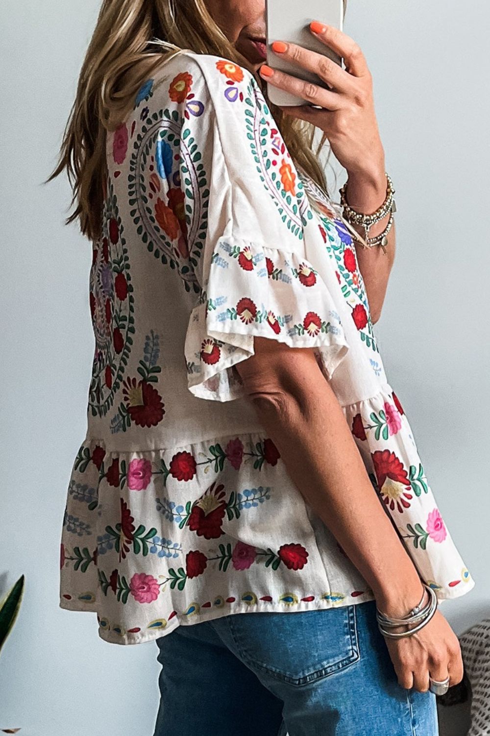 Floral Print Round Neck Ruffle Trim Blouse - felvior
