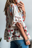 Floral Print Round Neck Ruffle Trim Blouse - felvior