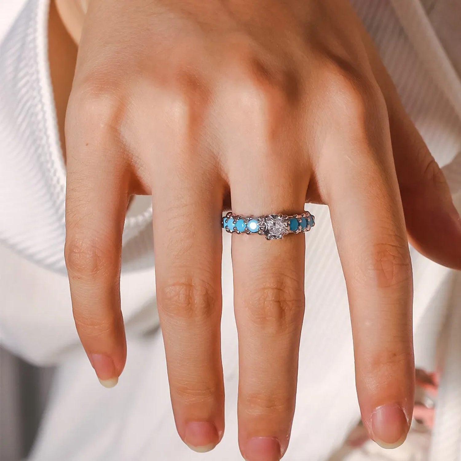 Inlaid Artificial Turquoise Zircon 925 Sterling Silver Ring - felvior