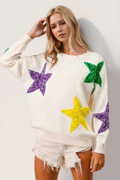 Double Take Sequin Star Round Neck Dropped Shoulder Sweater Hauptbild