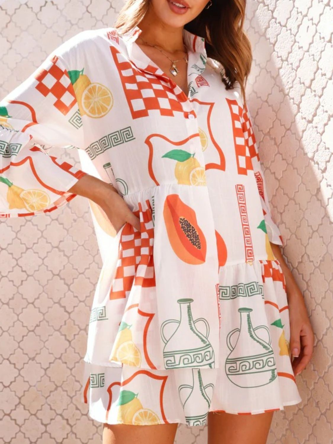 Printed Three-Quarter Sleeve Mini Dress - felvior