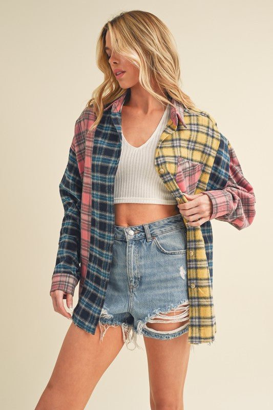 Aemi + Co Frayed Hem Color Block Plaid Drop Shoulder Shirt - felvior