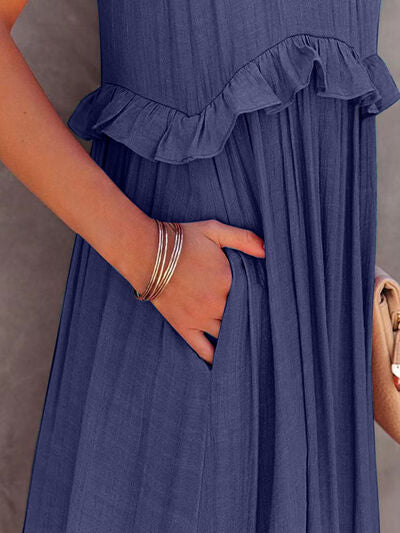 Ruffled Sleeveless Tiered Maxi Dress with Pockets - felvior
