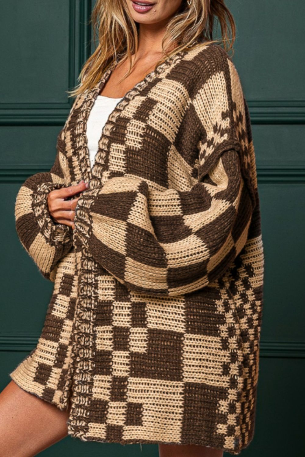 Checkered Open Front Long Sleeve Cardigan - felvior
